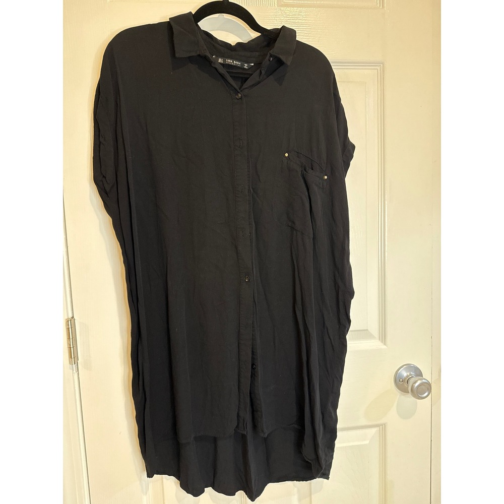 🤯4/$15 Zara Basic Black Button Down Shirt Dress Short Sleeve Relaxed Fit M